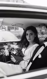 black and white photo of young girl in car with flowers