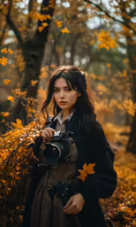 a woman is taking a picture of leaves