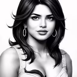 a beautiful woman in black and white with big hoop earrings