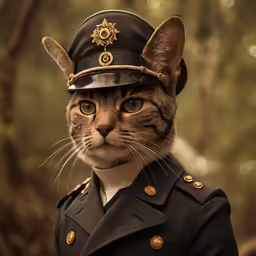 a cat in military gear looks ahead while dressed up