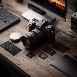 a computer is on a wooden desk with a camera and keyboard
