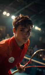 a young boy holding a tennis racquet with spectators in the background