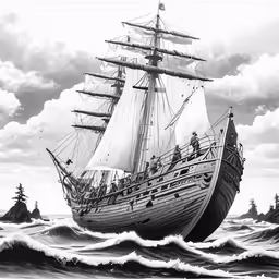 the old sailing ship is in rough choppy waters