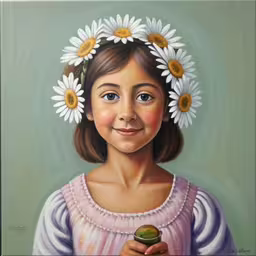 a young girl with white flowers in her hair