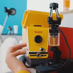 a hand holding a yellow and black camera