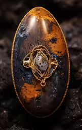 there is a old painted egg that is on the ground
