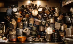 a variety of pots and pans are stacked together