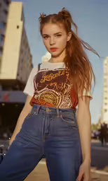 a woman in an orange and white shirt and jeans