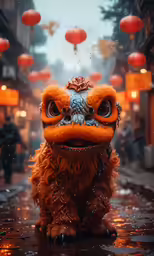 a creature with an orange head sitting in the middle of the street