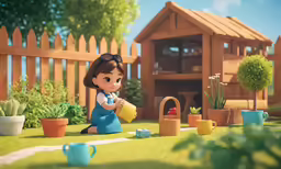 a child playing with garden items in the grass