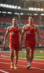 two men who are walking around on a track