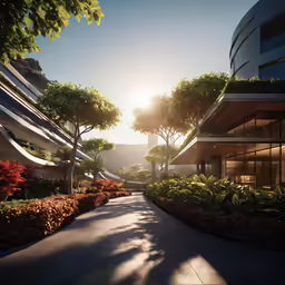 the sun peeking through some buildings on a street