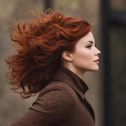 a woman with long red hair in brown coat