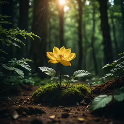 a single yellow flower is seen in a forest