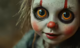 a doll with big orange eyes is dressed like a clown