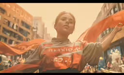 woman with long hair holding orange flags in street
