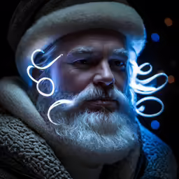 an old man with a beard has a white light on