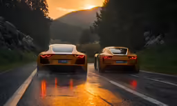 two sport cars driving on a wet highway at night