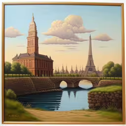 a painting of a river and a bridge,a painting is on display in a museum