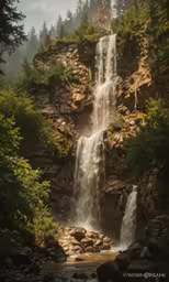a stream is flowing out of the rocks in front of a forest