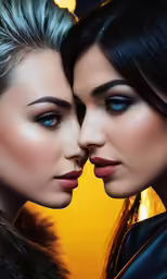 two beautiful women touching each other in front of a yellow background