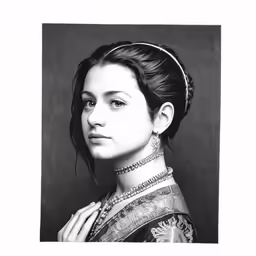 a drawing of a woman wearing a choke neck necklace