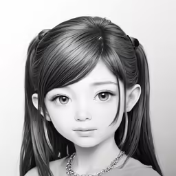 a girl with bangs and a ponytail wearing a gray shirt