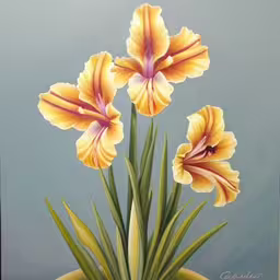 this painting is of three yellow irises in a pot,this is an oil painting of three yellow flowers,the painting shows yellow flowers in a pot,yellow flowers are on a plant that has leaves growing out of it,painting of three yellow flowers in front of blue background