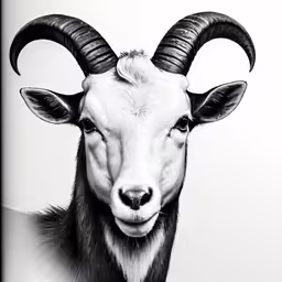 a goat with horns and horns is shown in black and white