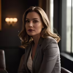 a woman is sitting in a dimly lit room