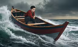 a man is riding on a boat with an outboard,a man sitting in a small boat on the water