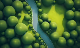 a computer - generated view of green plants, water and trees