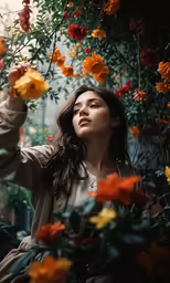 the woman is standing next to a tree full of flowers