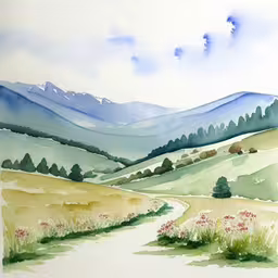 a painting of a watercolor landscape with mountains and wildflowers
