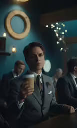 there is a man holding a coffee in his hand