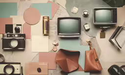 an old fashion television set on a table with other objects around it