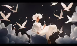woman with white dress and large hat standing next to a bird of some sort