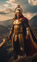 a man in armor on top of a hill holding two swords