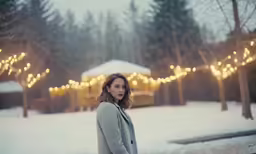 a woman standing in the snow holding an umbrella