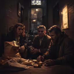 three people are sitting down at a table