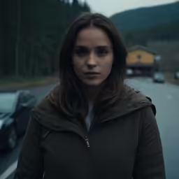 woman wearing black and green jacket in front of street with cars