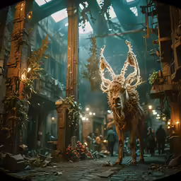 a deer statue standing in front of a store