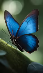 a blue butterfly with black markings and long wings is resting on the edge of a plant
