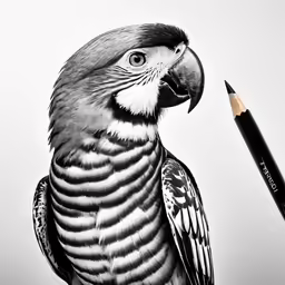 a parrot with a pencil sitting on its beak