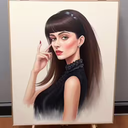 a painting of a woman posing next to an easel,a painting of a girl with long hair is on display,this is an original painting on paper of a woman,there is an art work that looks really pretty,a painting of a lady holding a finger up to her eye