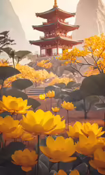a painting of some yellow flowers near a pagoda