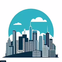 a cityscape with skyscrapers in the middle of a cloudy sky,a silhouette of a cityscape against a background of blue clouds
