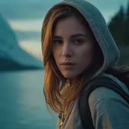 a woman standing by a body of water at dusk