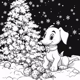 puppy sitting under the christmas tree