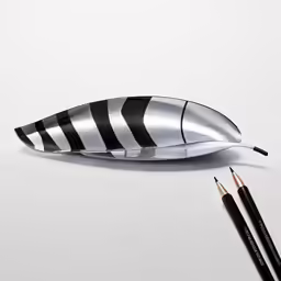 some black and white pencils sitting on top of a surface